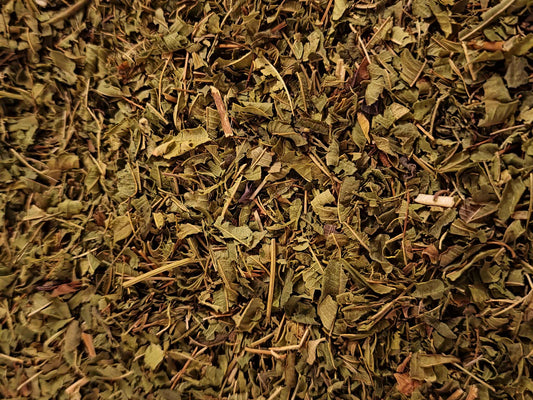 Close-up of dried Organic Lemon Verbena leaf cut, an herbal remedy from Botanical Remedies herbal dispensary, loose herbal tea