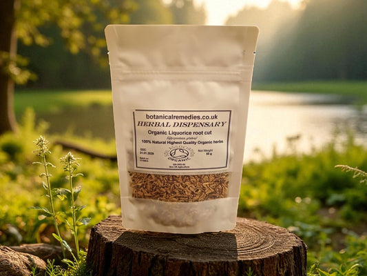 Zipped package with Organic Liquorice root from Botanical Remedies Herbal Dispensary, an herbal remedy, loose herbal tea