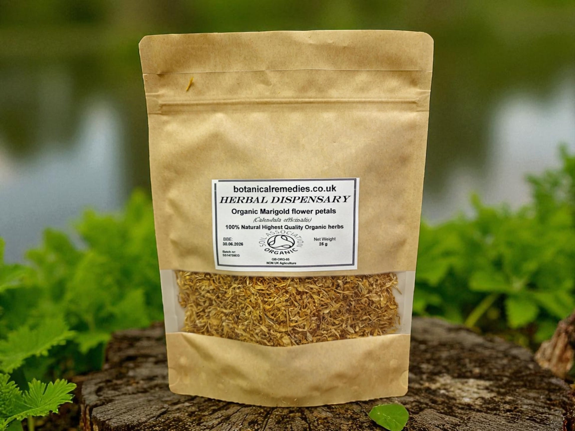 Zipped resealable package from Botanical Remedies Herbal dispensary with Organic marigold flower petals, an herbal remedy