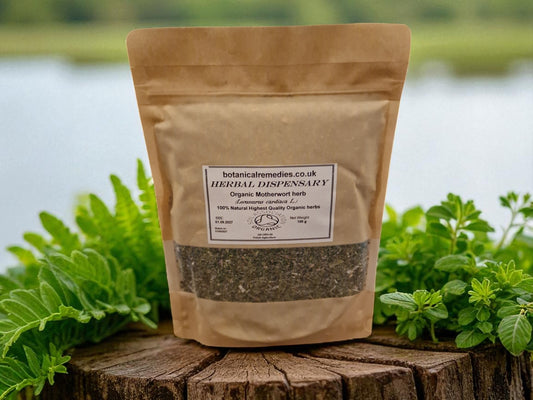 Zipped packaging of organic motherwort herb from Botanical Remedies herbal dispensary, an herbal remedy, loose herbal tea
