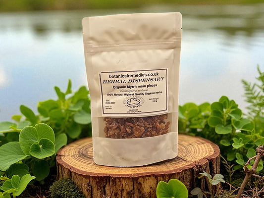 Package with 100grams of Organic Myrrh resin pieces from Botanical Remedies, an herbal remedy