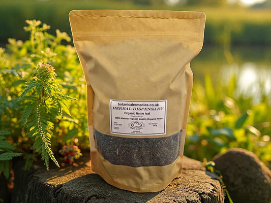 Package with Organic nettle leaf from Botanical Remedies herbal dispensary, an herbal remedy, loose herbal tea