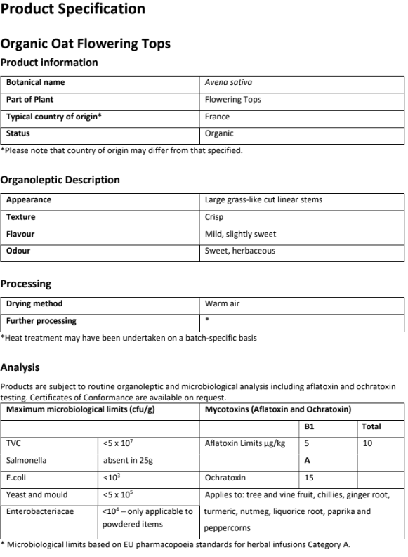 Organic Oat flowering tops product specification