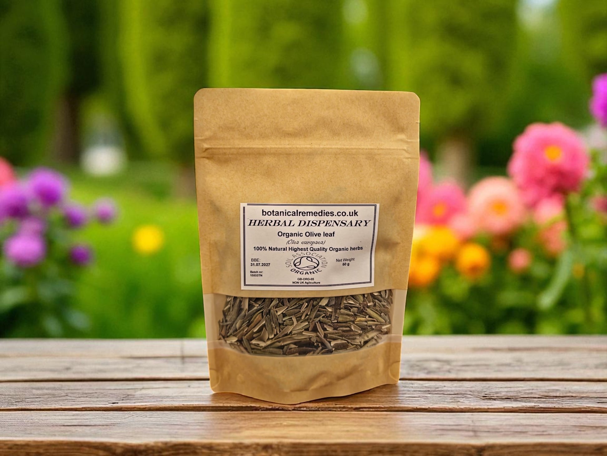 Zipped package of organic olive leaf from Botanical Remedies Herbal Dispensary, an herbal remedy, loose herbal tea