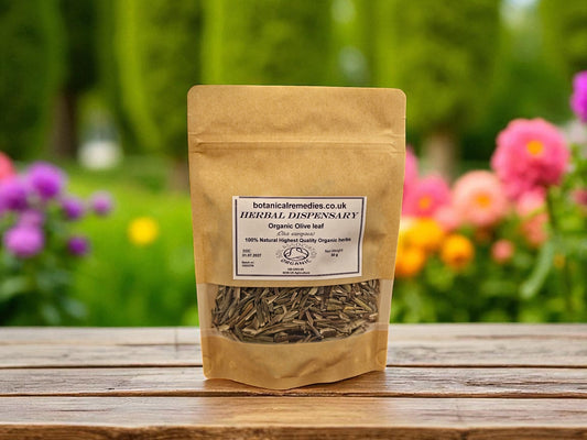 Zipped package of organic olive leaf from Botanical Remedies Herbal Dispensary, an herbal remedy, loose herbal tea