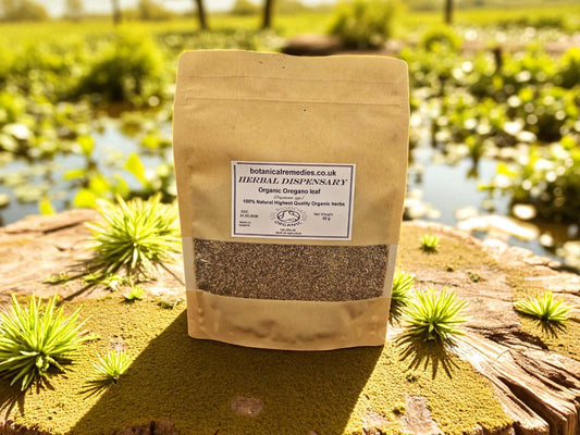Package with Organic Oregano leaf from Botanical Remedies Herbal dispensary, an herbal remedy, loose herbal tea