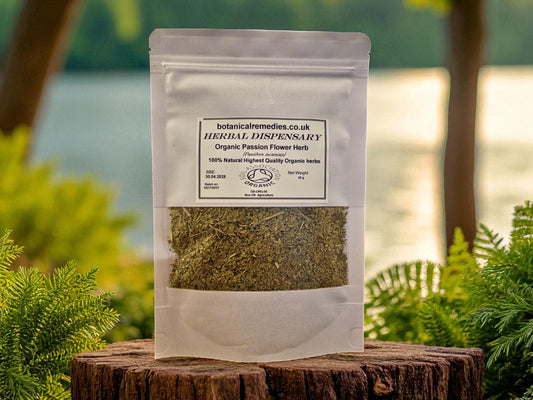 Package with Organic Passion flower herb, dried and cut, loose herbal tea, an herbal remedy