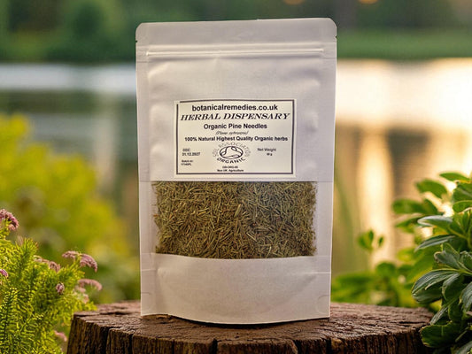 Package with Organic Pine needles, dried and cut, an herbal remedy