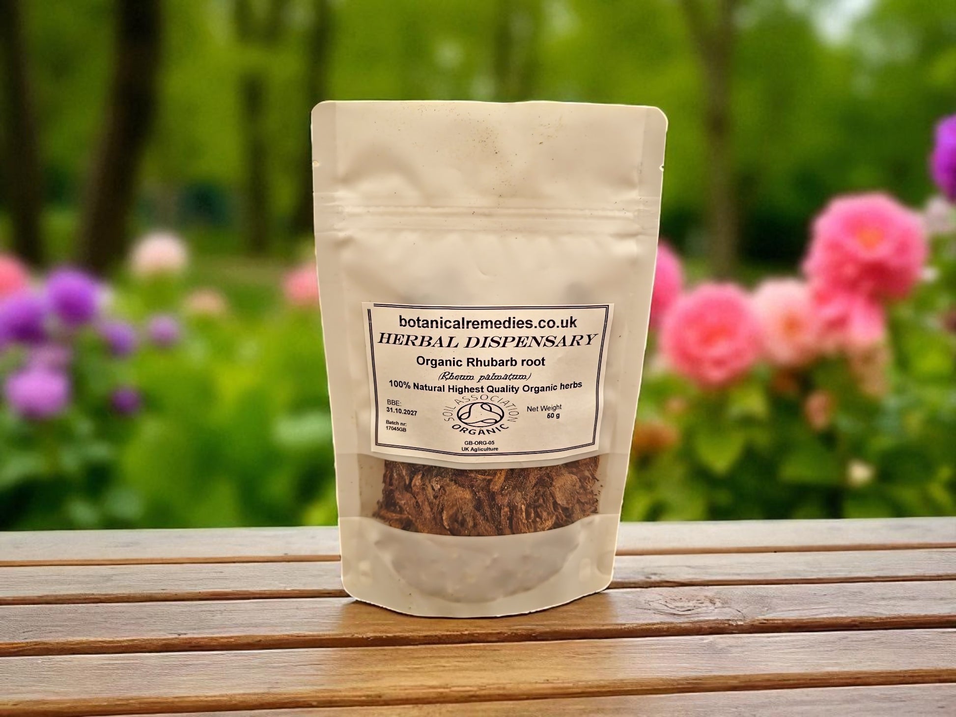 Zipped Bag of organic rhubarb root from Botanical Remedies Herbal Dispensary, an herbal remedy, loose herbal tea