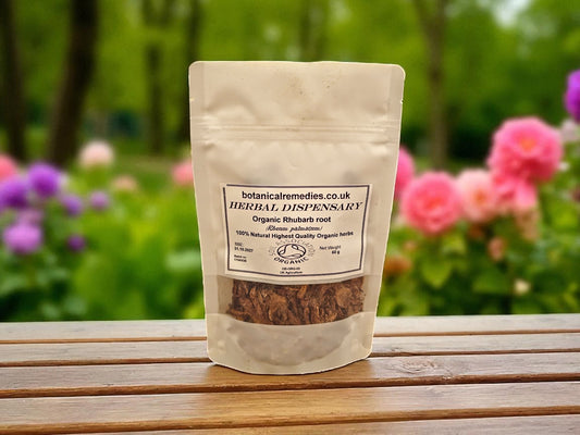 Zipped Bag of organic rhubarb root from Botanical Remedies Herbal Dispensary, an herbal remedy, loose herbal tea