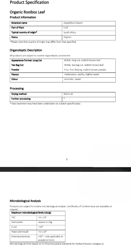Organic Rooibos leaf tea product specification