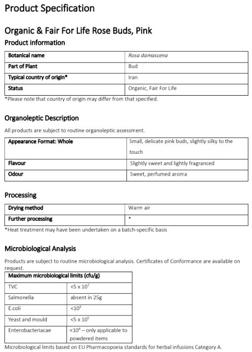 Product specification for Organic Pink Rose Buds