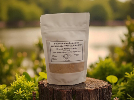 Package of Organic Rosehip powder from Herbal dispensary, an herbal remedy