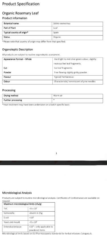 product specification for Organic Rosemary leaf
