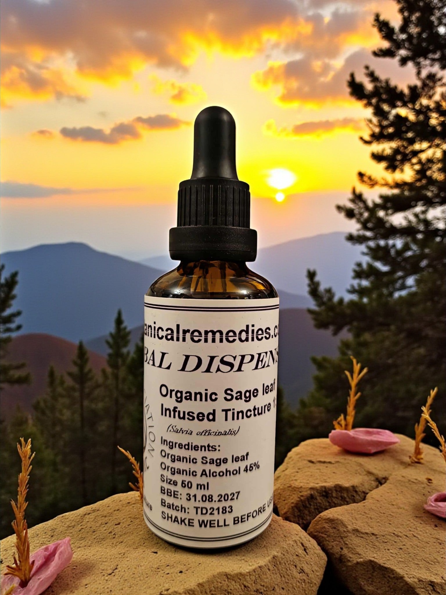 Bottle of organic sage leaf tincture (infused), an herbal remedy from Botanical remedies herbal dispensary