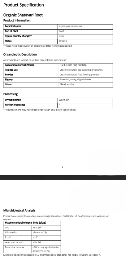 Organic Shatavari root product specification