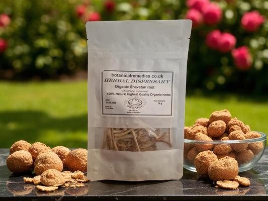 Package with Organic Shatavari root, loose herbal tea, an herbal remedy