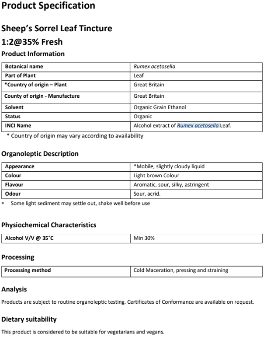 Document with product specification of Organic Sheep Sorrel Tincture