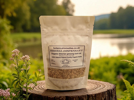 Zipped package with Organic Siberian Ginseng from Botanical Remedies Herbal Dispensary, an herbal remedy, loose herbal tea