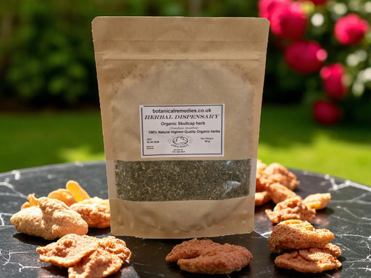 Package with Organic Skullcap herb from Botanical remedies herbal dispensary, dried and cut, loose herbal tea, an herbal remedy