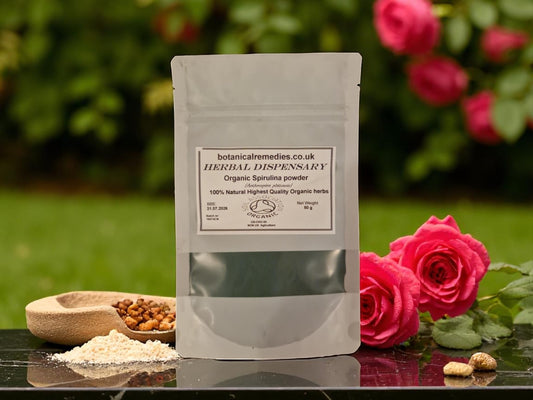 Package with Organic spirulina powder from Botanical Remedies herbal dispensary, superfood, an herbal remedy