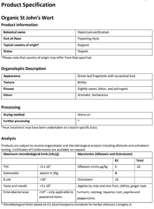Organic St Johns Wort product specification