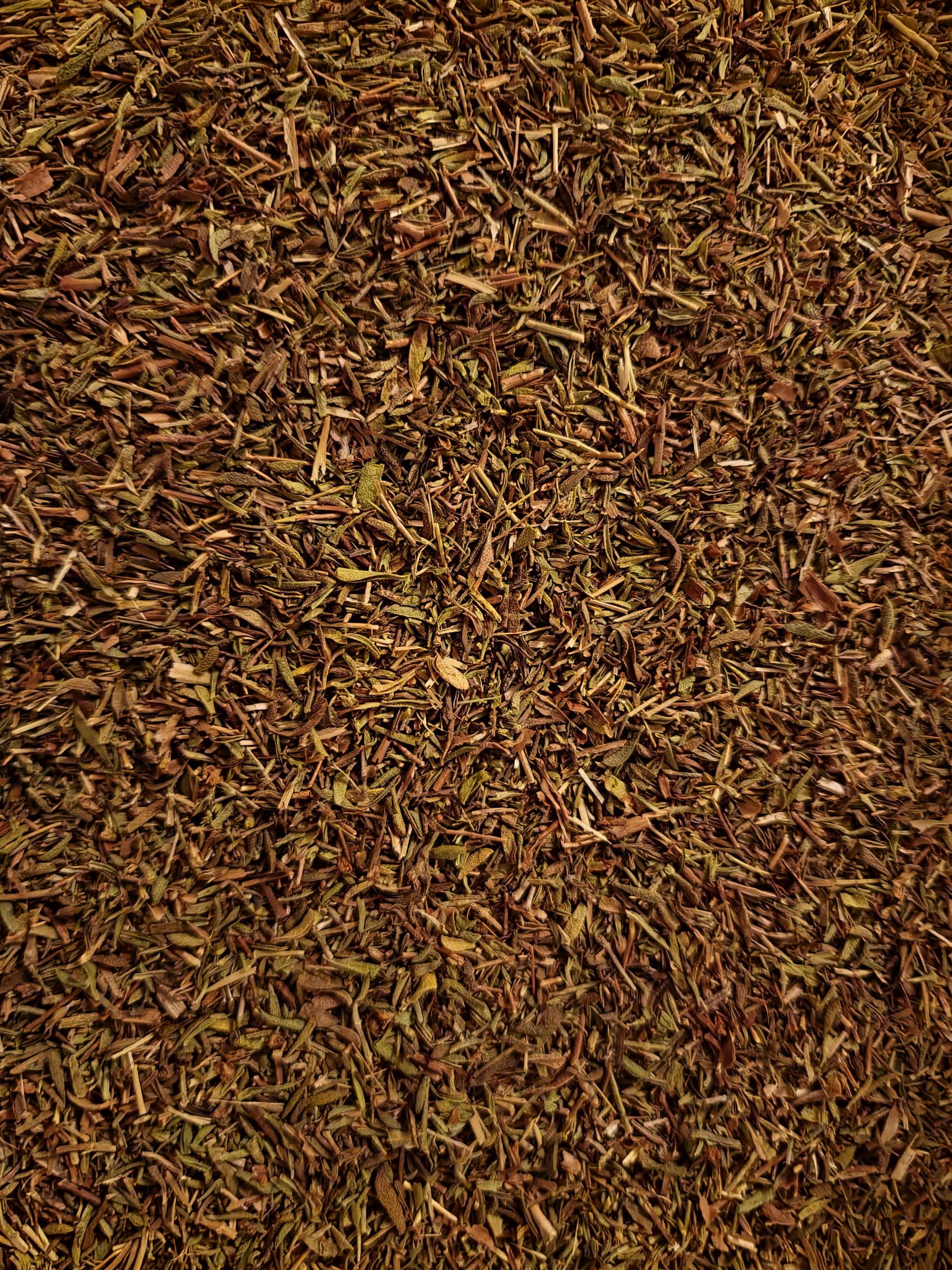 Close-up of dried Organic Thyme leaf, an herbal remedy from Botanical Remedies, herbal dispensary, loose herbal tea