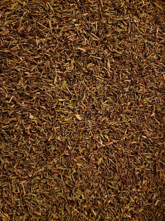 Close-up of dried Organic Thyme leaf, an herbal remedy from Botanical Remedies, herbal dispensary, loose herbal tea