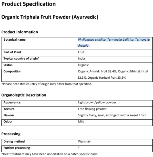 Organic Triphala powder product specification pt1