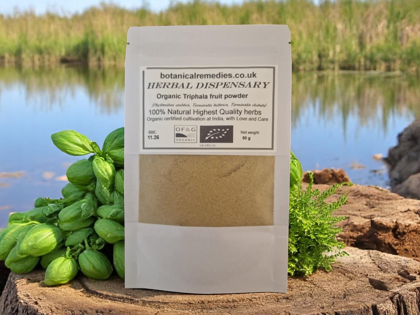 Package with organic Triphala powder, an herbal remedy