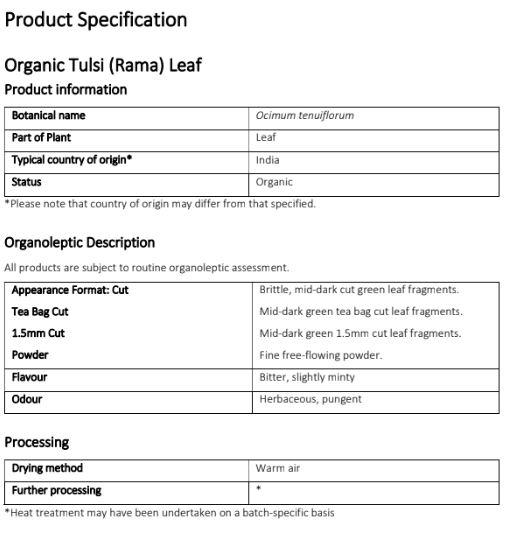 Organic Tulsi Leaf Product specification pt1