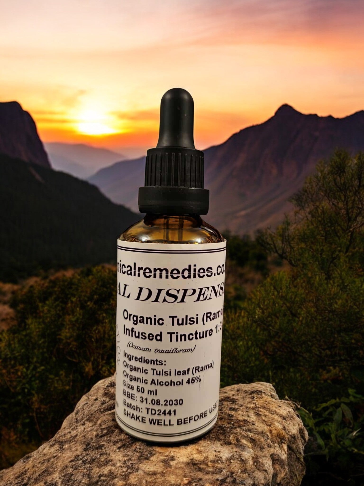 Bottle of Organic Tulsi tincture, an herbal remedy from Botanical Remedies herbal dispensary