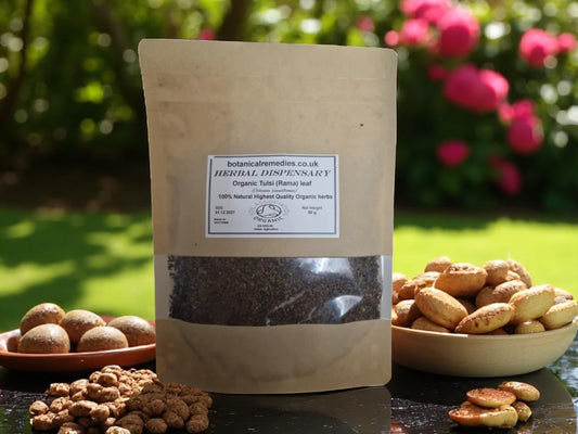 Package with Organic Tulsi leaf, dried and cut, an herbal remedy