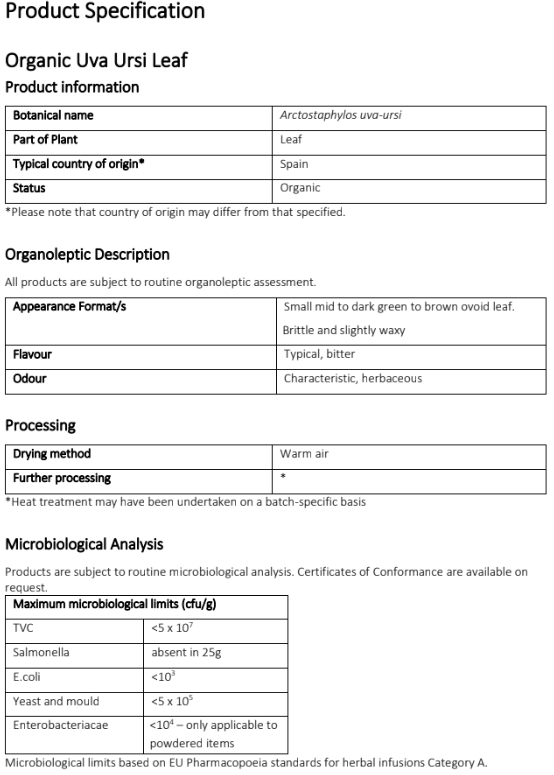 Organic Uva Ursi leaf Product specification