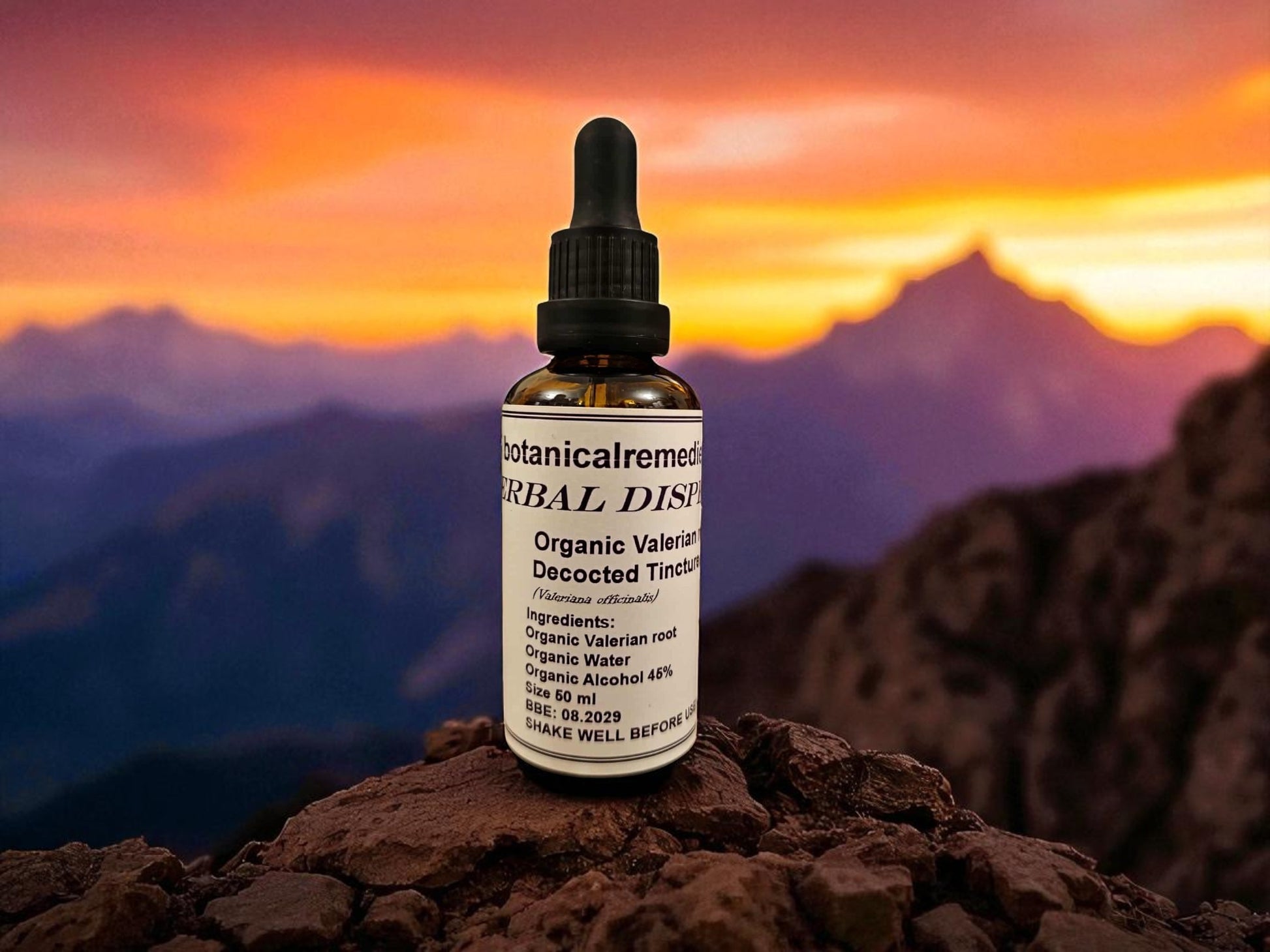 Dropper bottle with Organic Valerian root Tincture from Botanical Remedies herbal dispensary, an herbal remedy