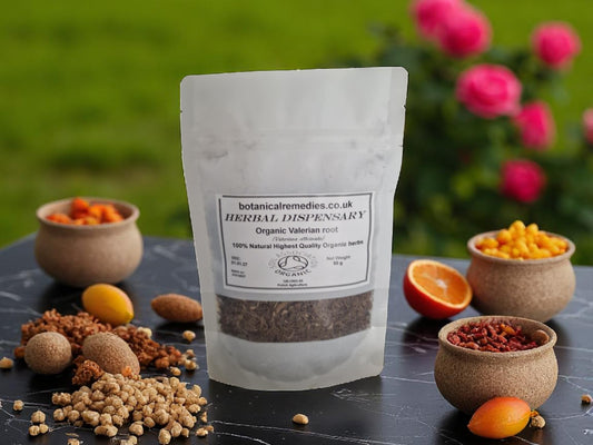 Package with organic Valerian root from Botanical Remedies herbal dispensary, loose herbal tea, an herbal remedy