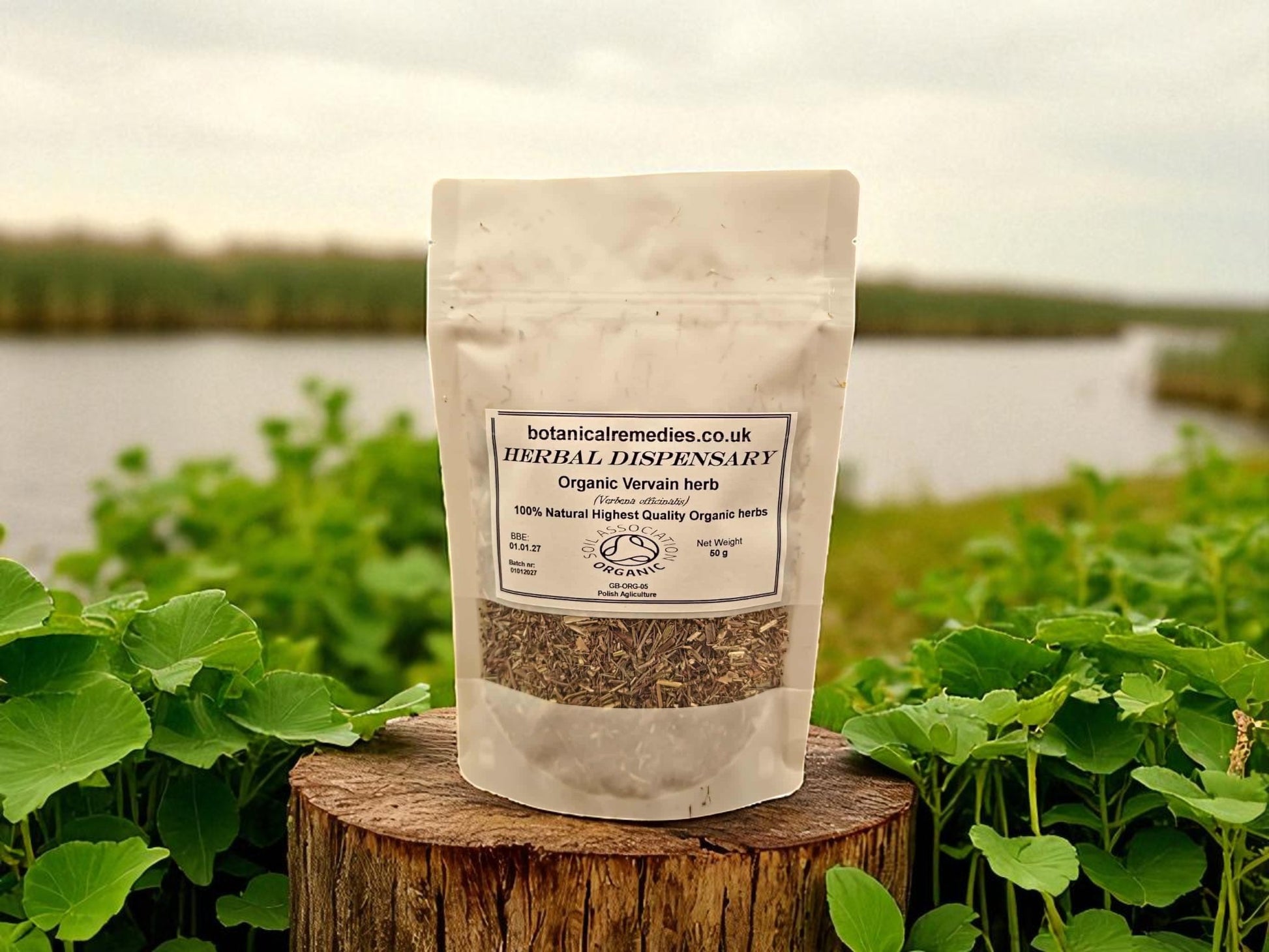 Bag of organic vervain herb from Botanical Remedies herbal dispensary, an herbal remedy, loose herbal tea