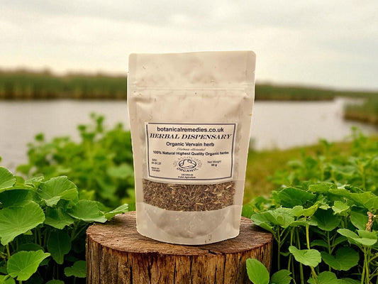 Bag of organic vervain herb from Botanical Remedies herbal dispensary, an herbal remedy, loose herbal tea