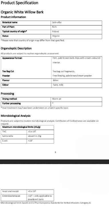 Organic White Willow Bark product specification