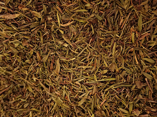 Close-up of dried Organic Winter Savory leaves, an herbal remedy from  Botanical Remedies herbal dispensary, loose herbal tea