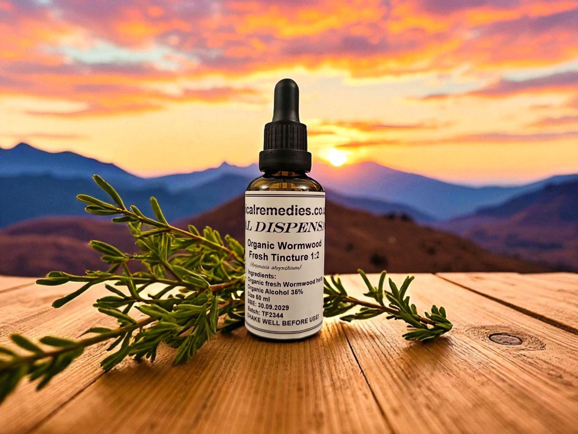 Bottle of organic wormwood tincture from Botanical Remedies herbal dispensary, an herbal remedy