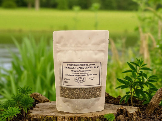 Package with Organic Yarrow herb from Botanical Remedies herbal dispensary, an herbal remedy, loose herbal tea