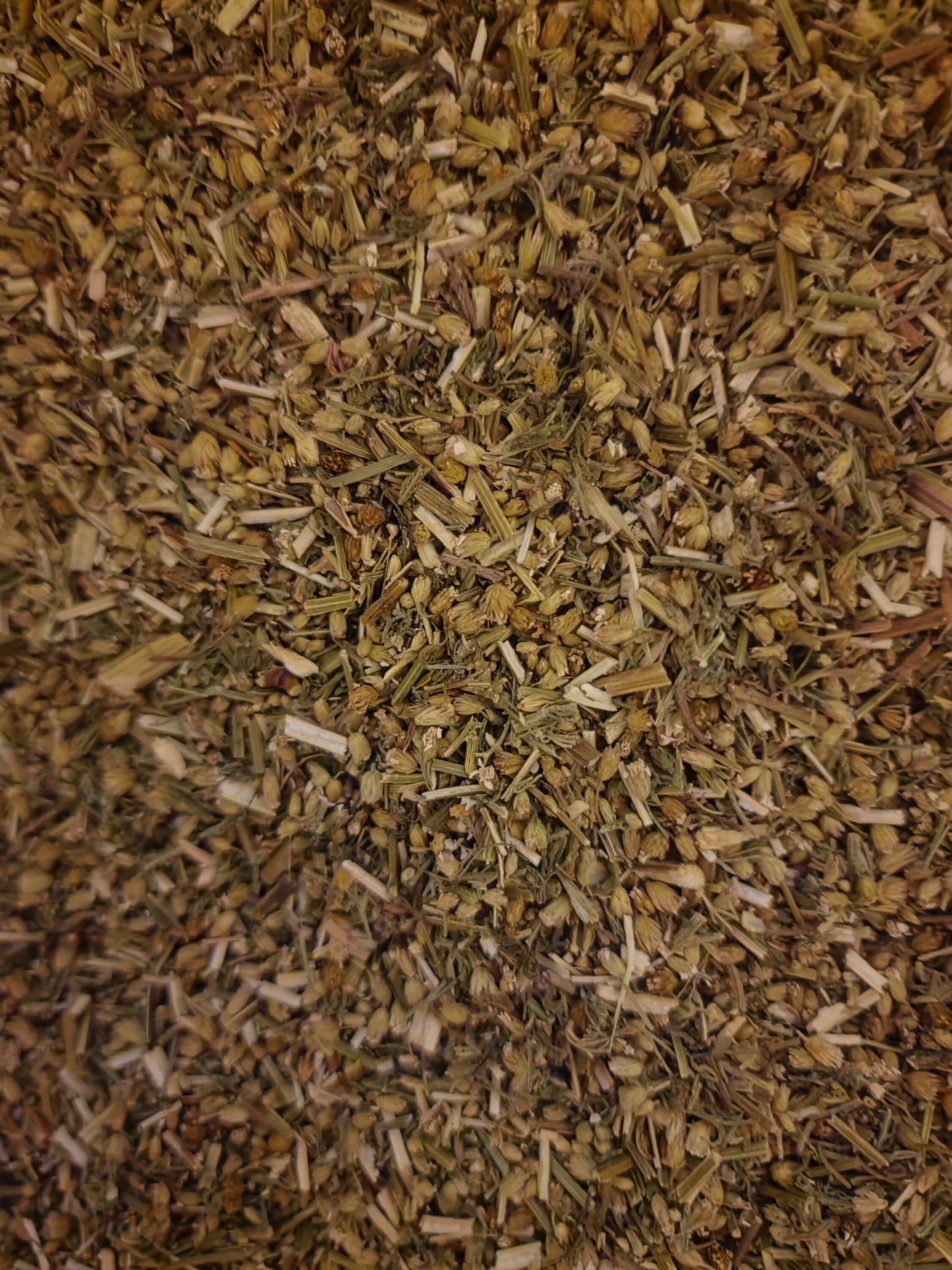 close up of Organic Yarrow herb, dried and cut from Botanical Remedies herbal dispensary, an herbal remedy, loose herbal tea
