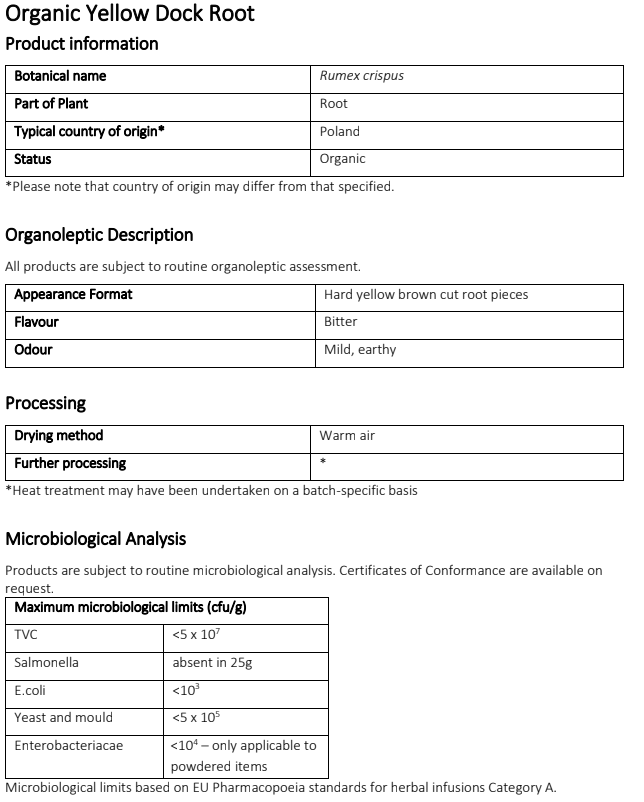 Organic Yellow dock root product specification