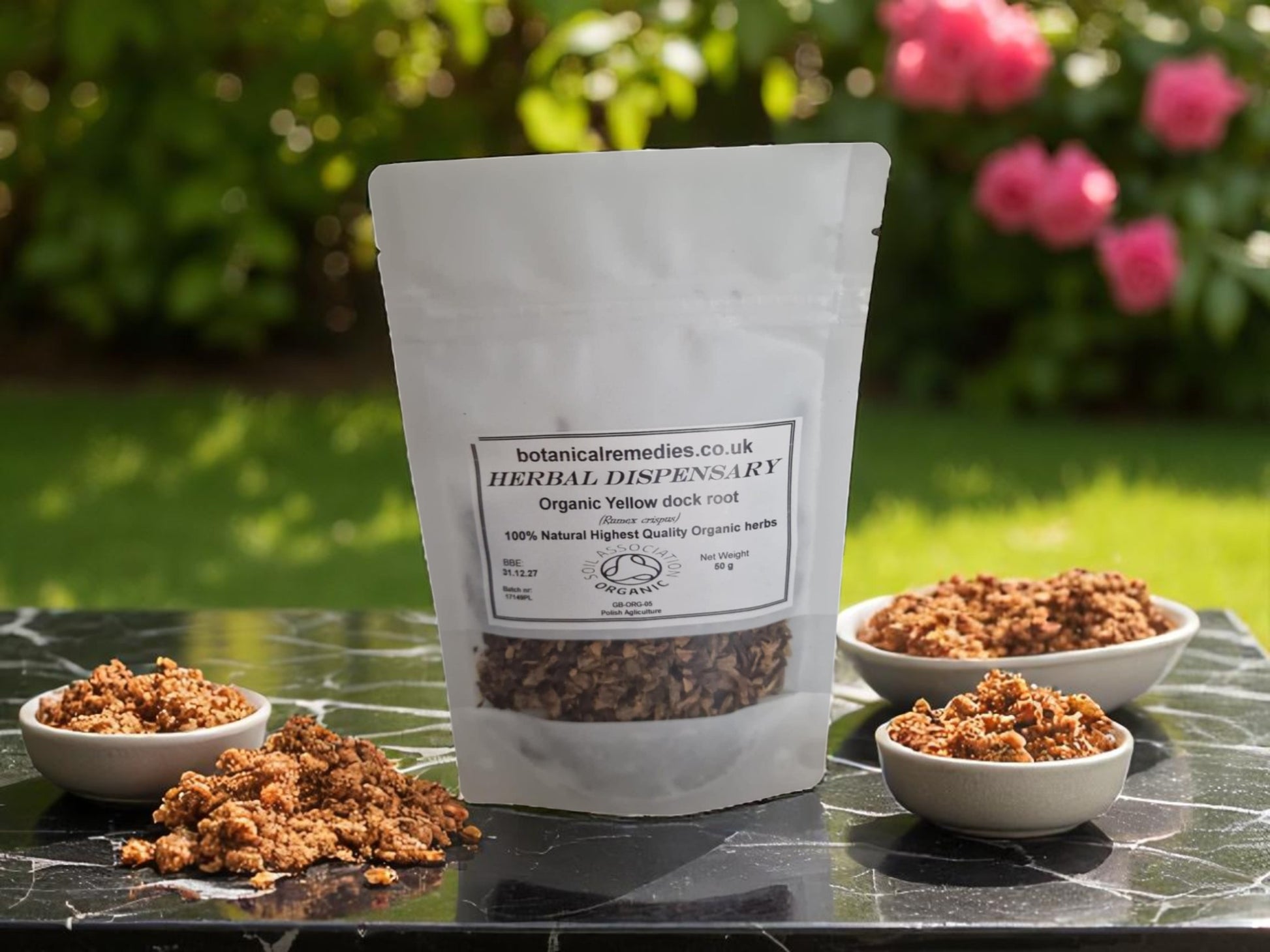 Package with Organic Yellow Dock root from Botanical Remedies herbal Dispensary, dried and cut, loose herbal tea, an herbal remedy