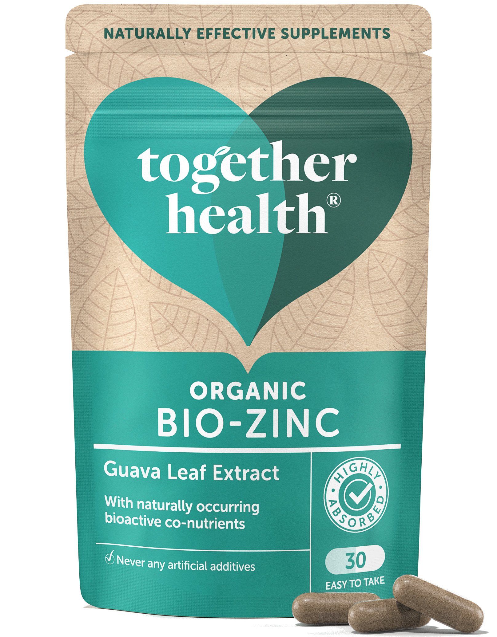 A eco-friendly supplement package for Together Health's Organic Bio-Zinc with Guava Leaf Extract, featuring 30 easy-to-take capsules.