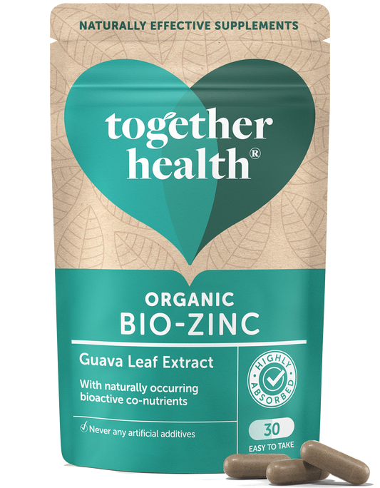 A eco-friendly supplement package for Together Health's Organic Bio-Zinc with Guava Leaf Extract, featuring 30 easy-to-take capsules.