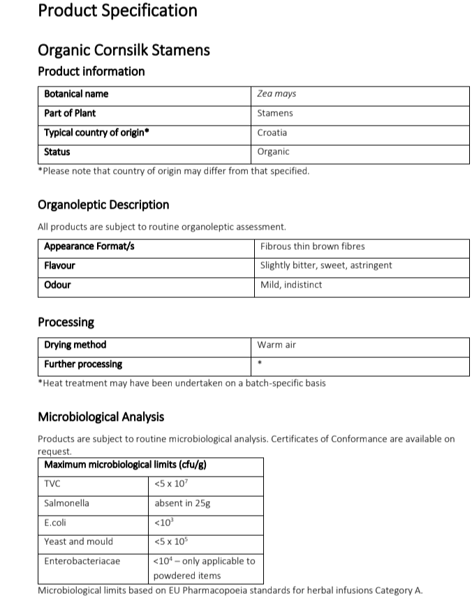 Specification of Botanical Remedies organic cornsilk stamens
