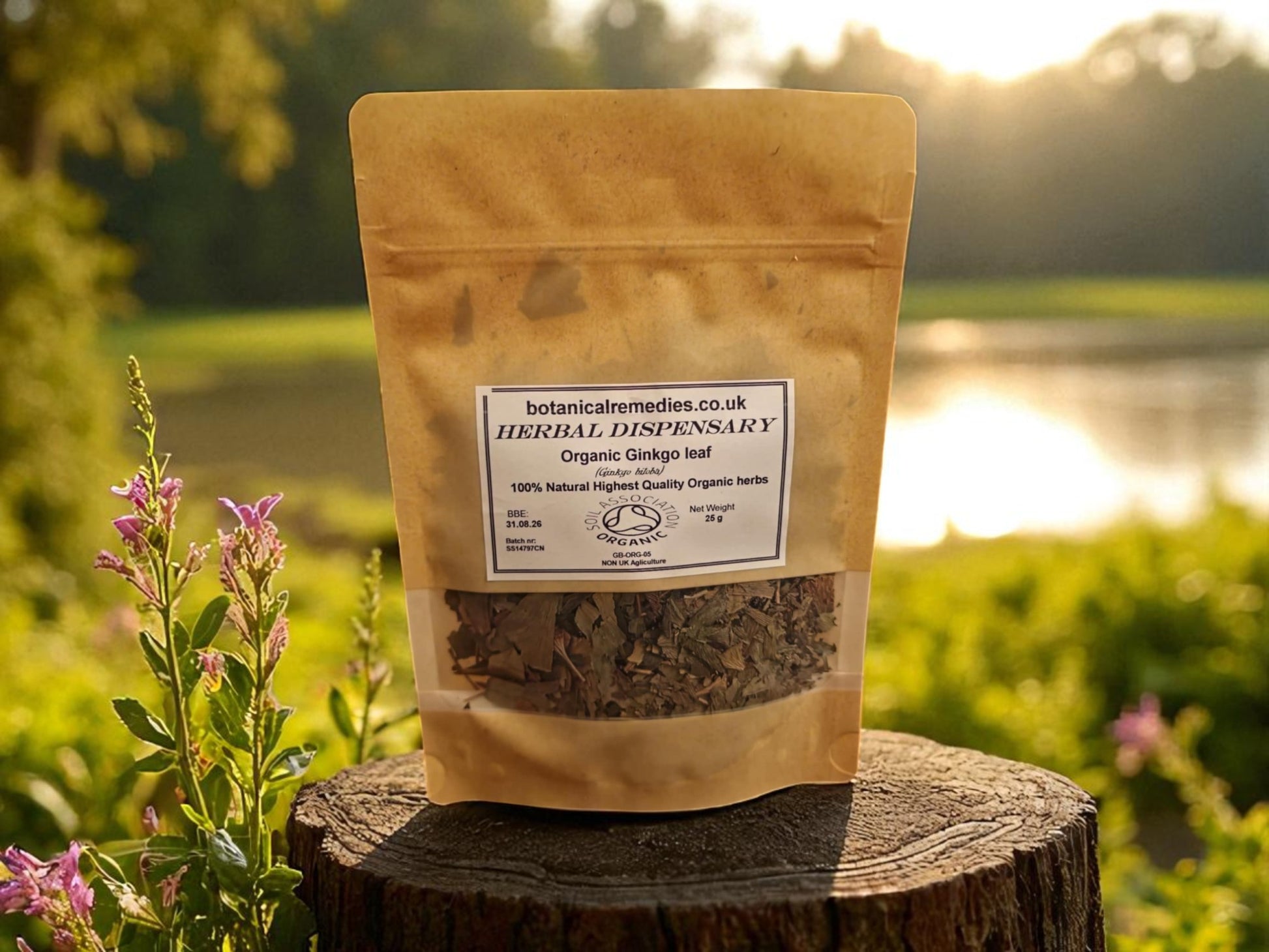 Zipped package with Organic Ginkgo leaf from Botanical remedies herbal dispensary, an herbal remedy, loose herbal tea