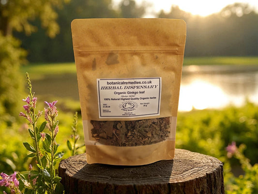 Zipped package with Organic Ginkgo leaf from Botanical remedies herbal dispensary, an herbal remedy, loose herbal tea